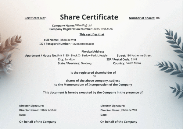 CIPC Free Share Certificate Template - South Africa