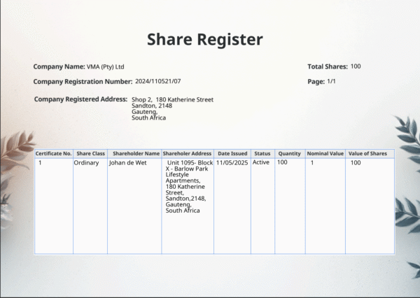 Single Shareholder CIPC Free Share Certificate and Register Template - South Africa